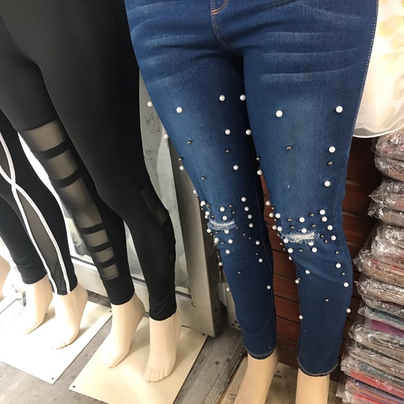 Brand new blue jean leggings with pearls - Picture 2 of 2